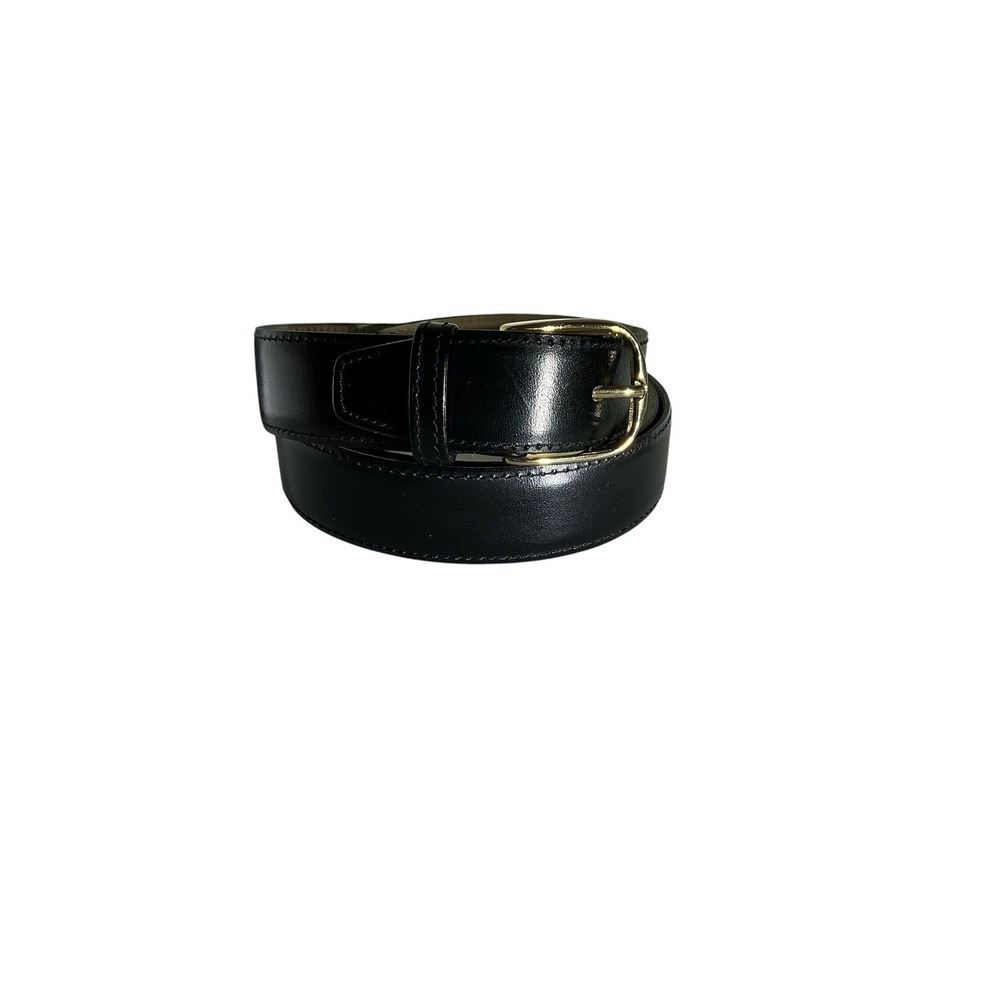 Unbranded Blk Glazed Leather Cashmere Cowhide Lined Belt Sz 42 Gold Tone Buckle